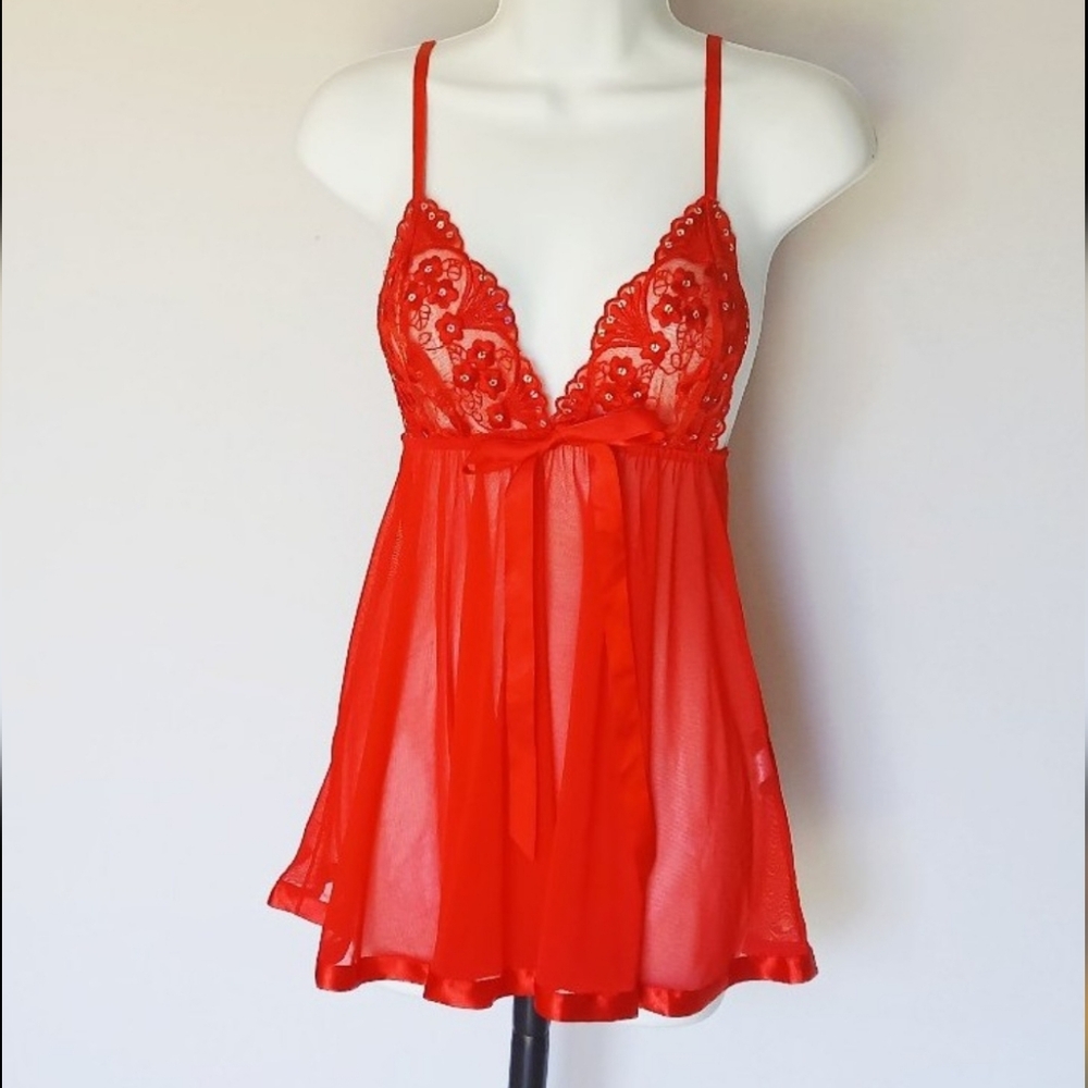 RISQUE Sexy Red Lingerie Nightie Sheer Flowy Skirt Satin Waist Tie & Hem OS - Picture 1 of 5